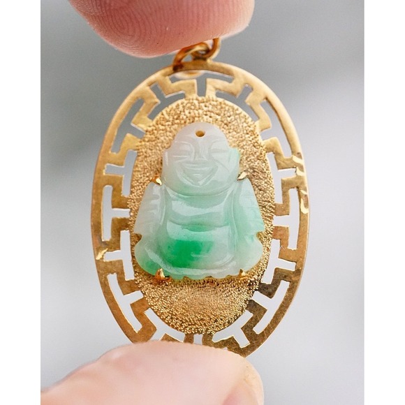 Jewelry - Vintage 14K Solid Yellow Gold Natural Jade Happy Laughing Carved Buddha Pendant